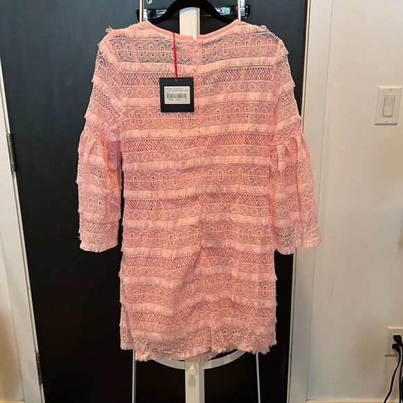 Nwt Cynthia rowley pink crochet and fringe mini dress w bell sleeves - size 6 - Picture 3 of 4